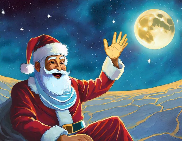 Père Noël qui fait coucou de la main depuis le sol de la lune