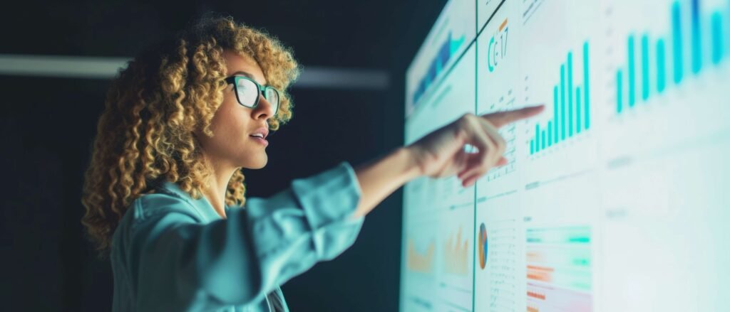 Femme devant un large écran en train d'analyser des graphiques