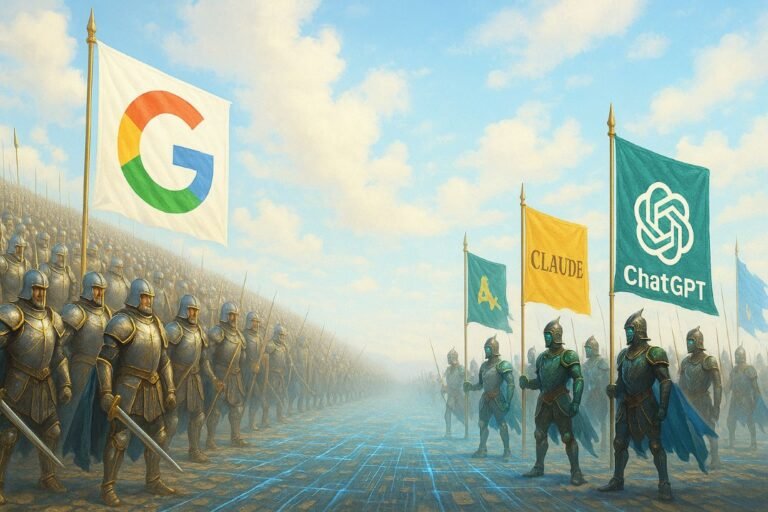 Illustration en style fantasy représentant une bataille entre une armée puissante aux couleurs de Google, et trois petites armées portant les bannières de ChatGPT, Claude et Copilot, sur un champ de bataille digital stylisé avec des motifs de circuits lumineux.