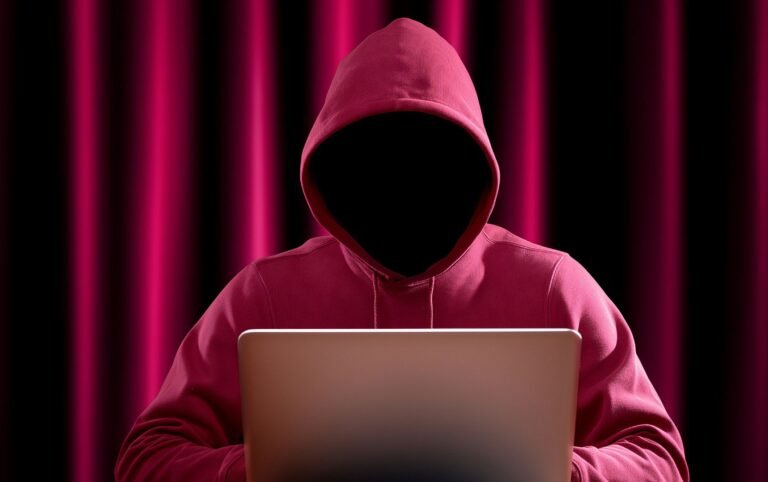 Un pirate informatique cagoulé en sweat mauve, assis de face devant un ordinateur.